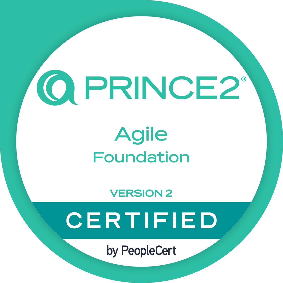 Digital badge PRINCE2® Agile Foundation (version 2) – official certification issued by PeopleCert, confirming knowledge of PRINCE2® and Agile project management.